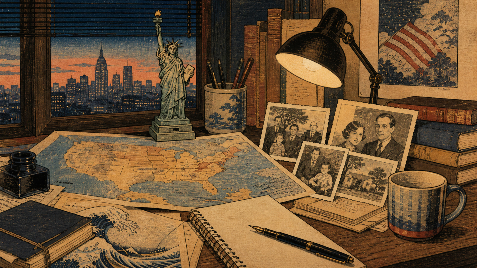 編集机の上に置かれたアメリカ地図、自由の女神、家族写真、古い手紙を描いたAmerican.co.jpの象徴的な画像
